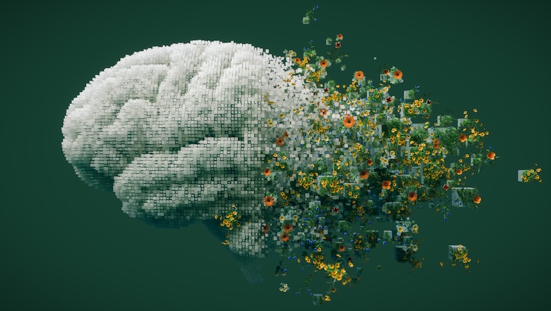 A brain materializing into small pixels